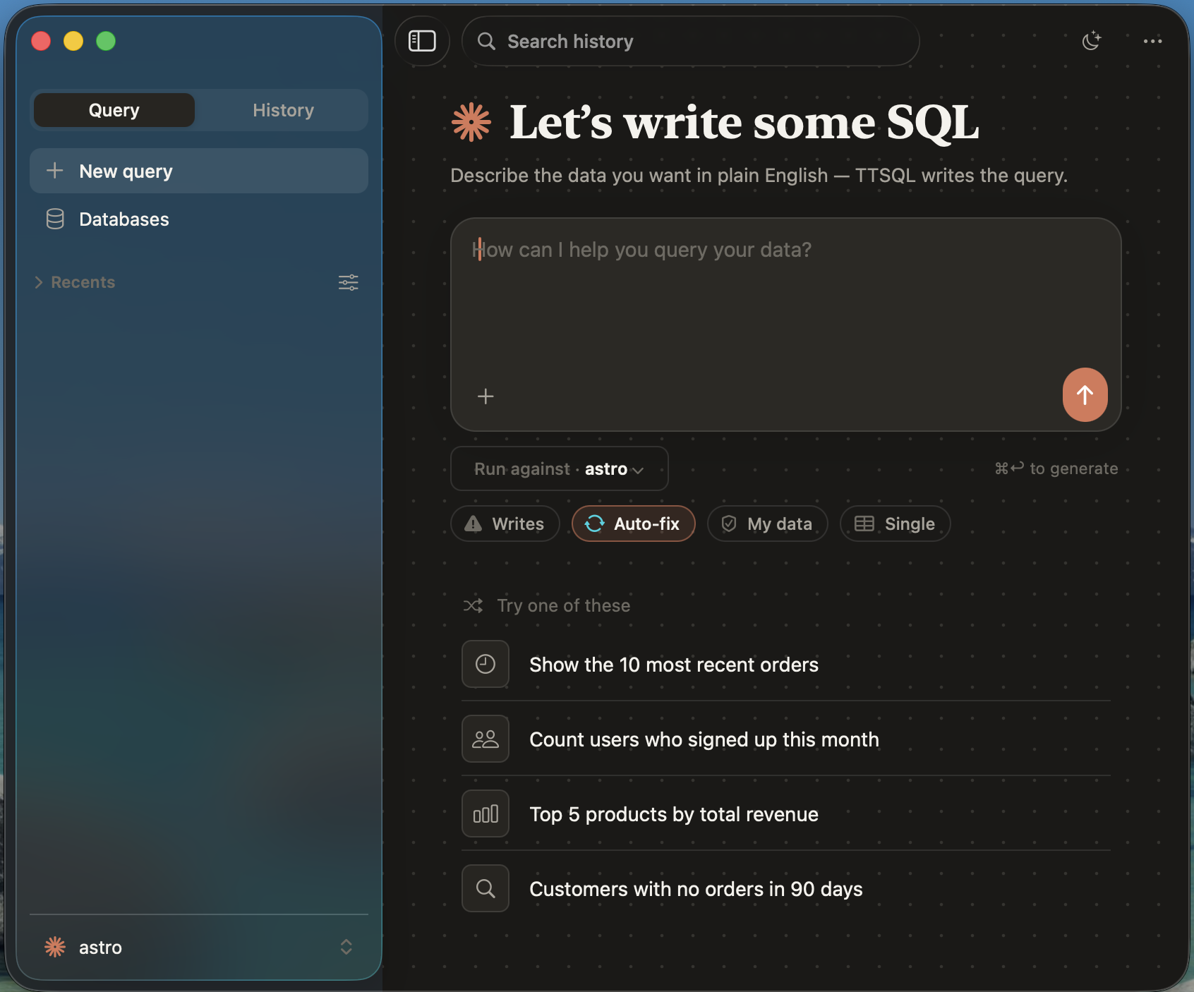 TTSQL native macOS app — a natural-language prompt and the SQL it generated
